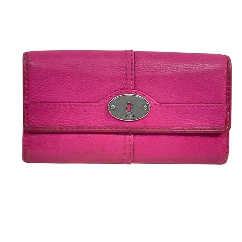 Hot Pink Fossil Wallet Tri-fold Leather Maddox Cards Bills Keyhole